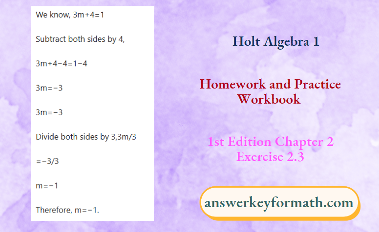 Holt Algebra 1 Homework and Practice Workbook 1st Edition Chapter 2 Exercise 2.3