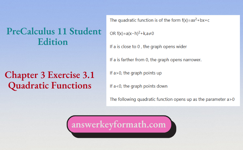 McGraw Hill PreCalculus 11 Student Edition Chapter 3 Exercise 3.1 Quadratic Functions
