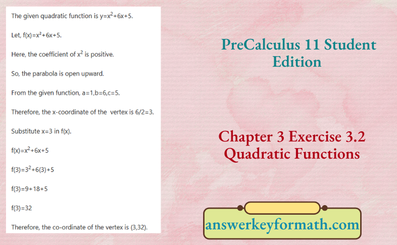 McGraw Hill PreCalculus 11 Student Edition Chapter 3 Exercise 3.2 Quadratic Functions