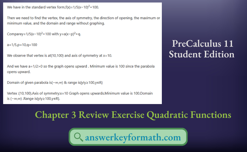 McGraw Hill PreCalculus 11 Student Edition Chapter 3 Review Exercise Quadratic Functions