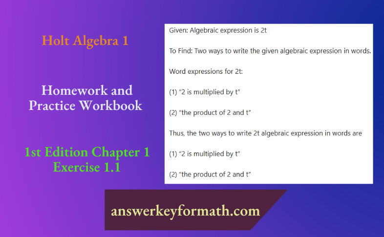 Holt Algebra 1 Homework and Practice Workbook 1st Edition Chapter 1 Exercise 1.1