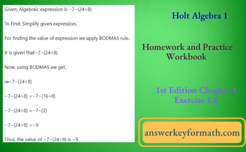 Holt Algebra 1 Homework and Practice Workbook 1st Edition Chapter 1 Exercise 1.6