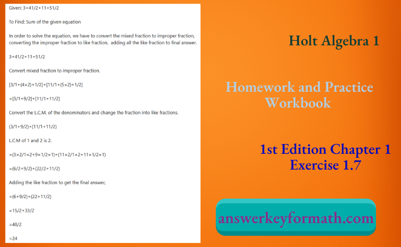 Holt Algebra 1 Homework and Practice Workbook 1st Edition Chapter 1 Exercise 1.7